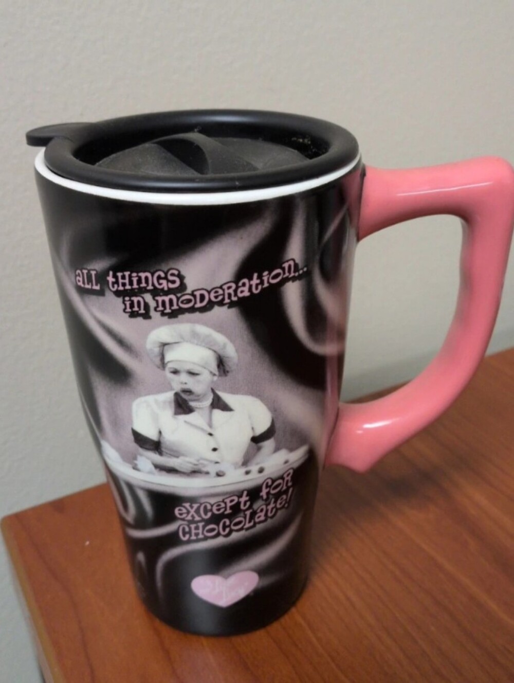 I Love Lucy Pink Handle Black Travel Mug - Famous "Chocolate" Scene.